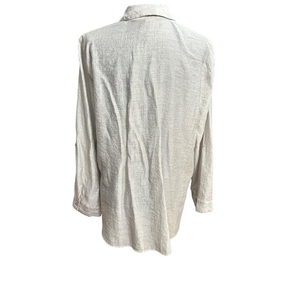 Chico's Shirt Size 2 L Begie Tie Front Button Up Roll Tab Sleeves Lightweight - Picture 3 of 11
